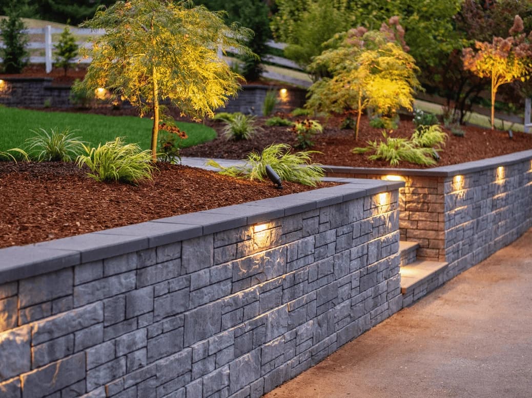 Engineered retaining wall with integrated landscape lighting at dusk