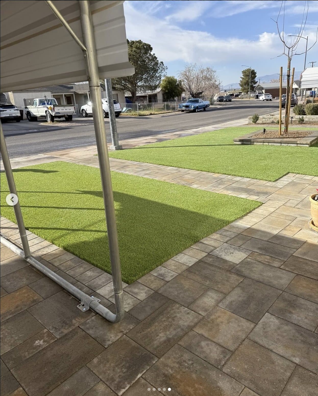 Front yard artificial turf and paver walkway installation